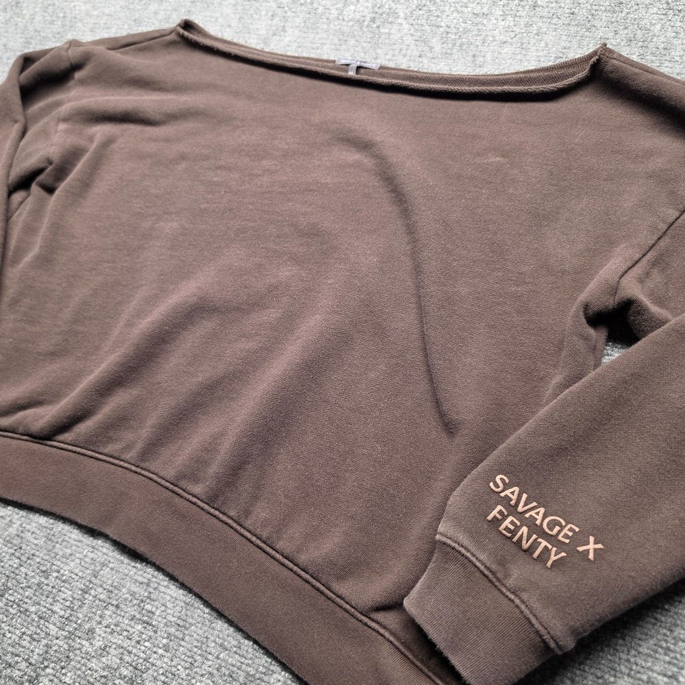 Savage X Fenty Off Shoulder Sweatshirt Brown XL Cropped Pullover Sweater Logo